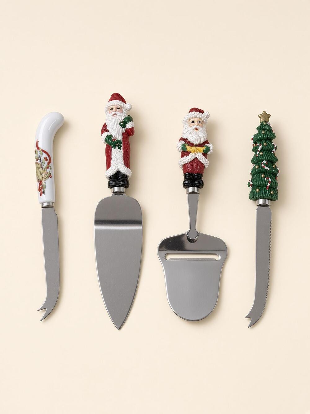 Christmas Cheese Knife Set 4pc Santa Tree Handles